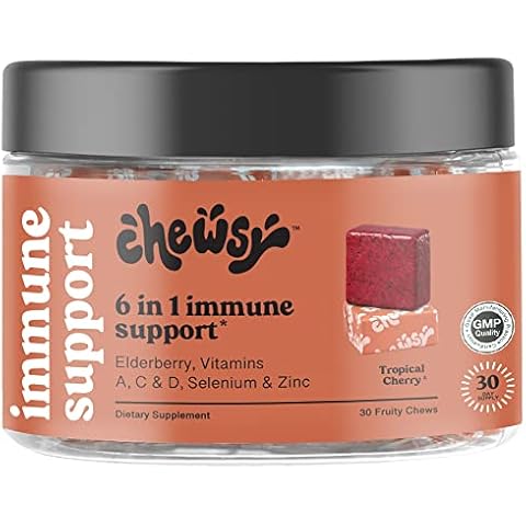 Chewsy 6-in-1 Immune Support Supplement Fruity Chews with Elderberry, Vitamin C, A & D, Zinc & Selenium - 30-Day Supply, Individually Wrapped Immunity Vitamins Chews for Adults and Kids (1) Cover