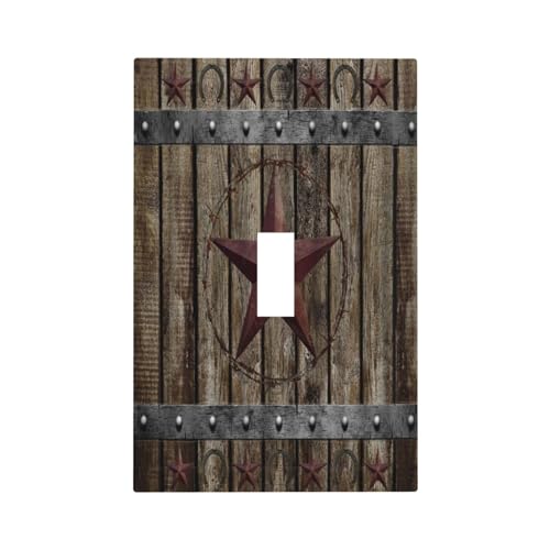 Yamxbfa Western Texas Star Herraduras Vintage Tablero de madera 1 banda Interruptor de luz Cubierta de pared Placa de pared decorativa Placa de interruptor eléctrico para decoración de dormitorio de