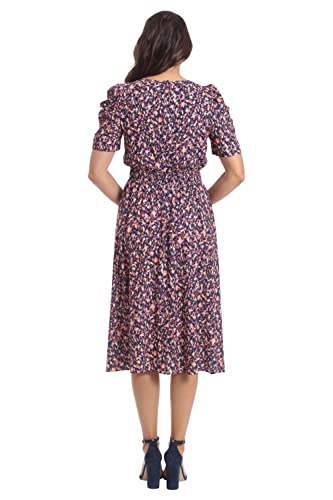 Image of London Times Women's Caterpillar Puff Sleeve Midi Dress - Gathered Waist A-Line Flowy Summer Dress