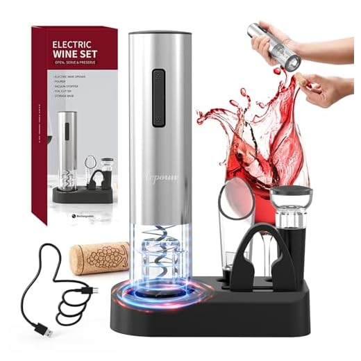 5-In-1 Rechargeable Electric Wine Bottle Opener Set, Automatic One-Touch Corkscrew with Aluminum Alloy Design, Includes Foil Cutter & Storage Base, Gift for Wine Lovers (Silver)