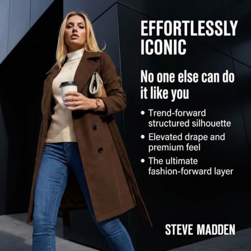 Image of Steve Madden Trench Coat for Women - Double-Breasted Long Winter Faux Wool