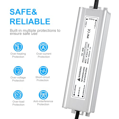 Image of LightingWill LED Driver 80 Watts Waterproof IP67 Power Supply Transformer, 90-265V AC to 12V DC Low Voltage Output, Adapter with 3-Prong Plug 3.3 Feet Cable for Outdoor Use, Computer Project