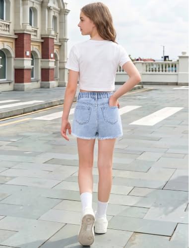 Image of oyyniis Jean Shorts for Teen Girls Ripped Raw Hem High Waist Straight Leg Cute Summer Y2K Denim Shorts 13Y-16Y