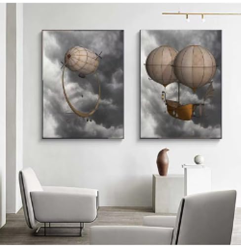 Affiche Toile Montgolfière Rétro et Dirigeable Steampunk | Décoration Murale Salon 60x80cm - 2