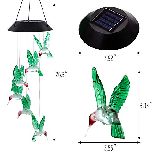 MorTime 2 PACK Solar Hummingbird Wind Chime, Color Changing Mobile LED Solar Wind Chime Outdoor Mobile Hanging Patio Light, Porch, Deck, Garden Decor