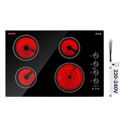 Image of VEVOR Electric Cooktop 30inch 4 Burners Stove Top 6700W 220V No Plug, Ceramic Built-in Radiant Electric Stove, with 11 Power Levels, Timer, Child Lock, Over-Heat Guard, Knob /Touch Control