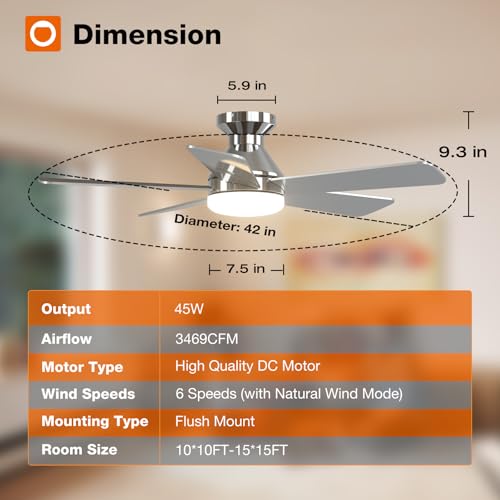 Image of addlon Ceiling Fans with Lights, 42 Inch Low Profile Ceiling Fan with Light And Remote Control, Flush Mount, Reversible, 3CCT, Dimmable, Quiet, Nickel Small Ceiling Fan for Bedroom Indoor /Outdoor Use