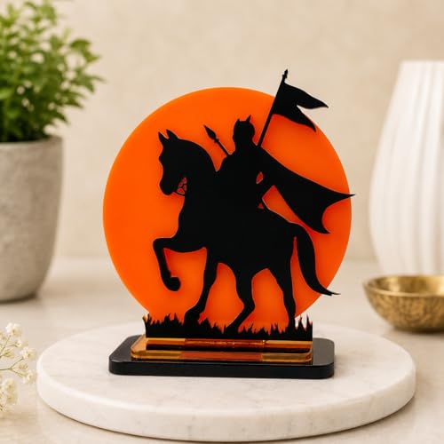 Image of Maharana Pratap Singh Acrylic Showpiece | Rajput Warrior Silhouette with Saffron Sun Background | Car, Home, Office & Gift Decoration, 4 Inch