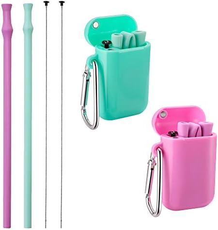 Vantic Collapsible Reusable Silicone Straws - Portable Folding Drinking Straws, BPA Free with Travel Case & Cleaning Brush, Suitable for 20 or 30 oz Tumblers - Purple/Green