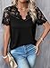 SweatyRocks Women's Lace Scallop Trim T Shirt Short Sleeve V Neck Tank Tee Tops Black Large