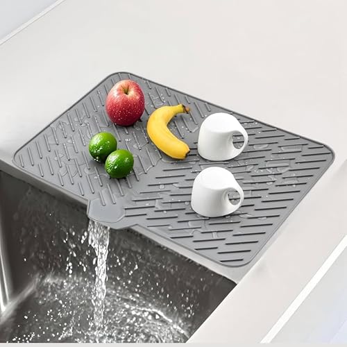 Image of Silicone Dish Drying Mat with Drain Lip (23x17 Inch, Grey) - Non-Slip Kitchen Counter Drying Pad, Heat Resistant Sink Mat, Waterproof Dish Drainer Tray, Easy Clean Surface Protector