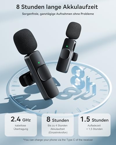 KUKIHO Kabelloses Lavalier Mikrofon, 2 Mini Ansteckmikrofon mit Geräuschunterdrückung, Plug-Play Handy Mikrofon für iPhone/Android, Microphone für Videoaufnahmen/Tiktok/Vlog/Interviews