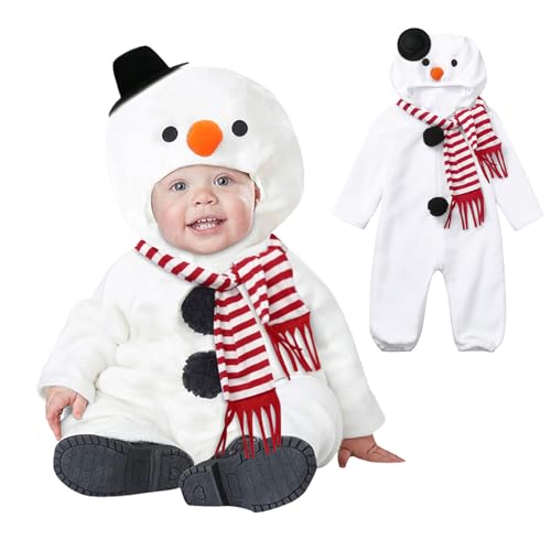 Raopuzi Disfraz Navidad Bebe, Pijama Bebe Muñeco de Nieve, Pelele Bebe Niño con Capucha, Mono Ropa Invierno de Dibujos Y Bufanda, Disfraces Cosplay para Bebé Polar Algodón Trajes de Fiesta Blanco
