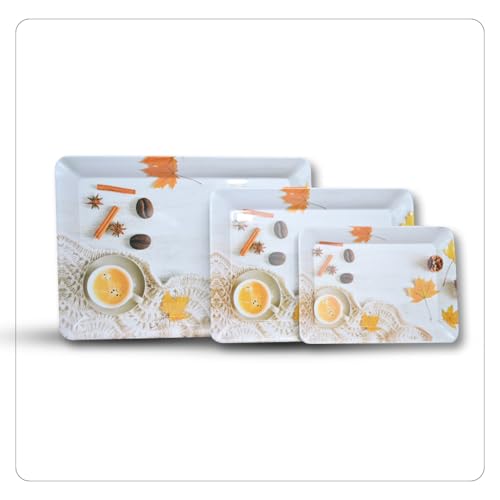 Image of Printed Rectangular Melamine Serving Tray| Tray for Serving Tea, Coffee, Snacks | Break Resistant| Double Laminated | Multi-use | Easy to clean| | Tray Set of 3 (Small, Medium, Large)(Tea Leaf)