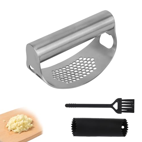 Stainless Steel Hand Garlic Rocker Presser Set, Garlic Press Smasher with Plastic Peeler Roller and Brush Ginger Crusher Mincer Cutter Supplies for Kitchen Dicer Chopper Grater Gadgets