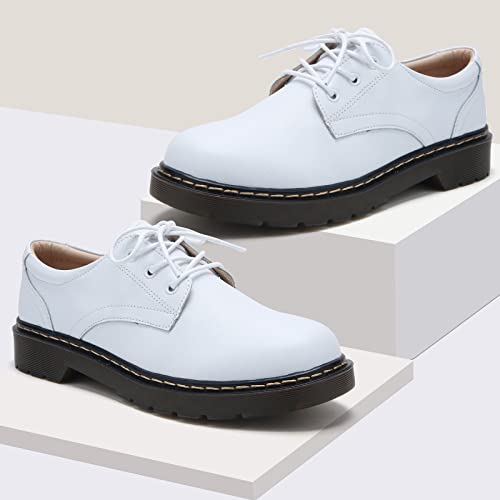 Women's Classic Oxfords Shoes Round Toe Leather Low Block Heels Lace-Up Slip-On Non-Slip Flats Work Office Dress Oxford Shoes White Us Size 8 #TOP1