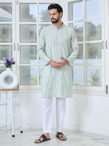 Image of See Designs Men's Full Sleeve Mandarin Collar Sequins Embroidered Straight Long Kurta - Festive Collection