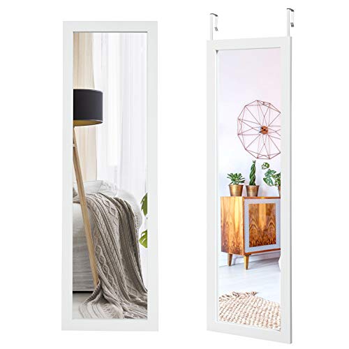 COSTWAY Over the Door Mirror, 120x37cm Full Length Hanging Mirrors with Adjustable Hooks, Wall Mounted Dressing Mirror for Bathroom, Bedroom and Wardrobe (White)