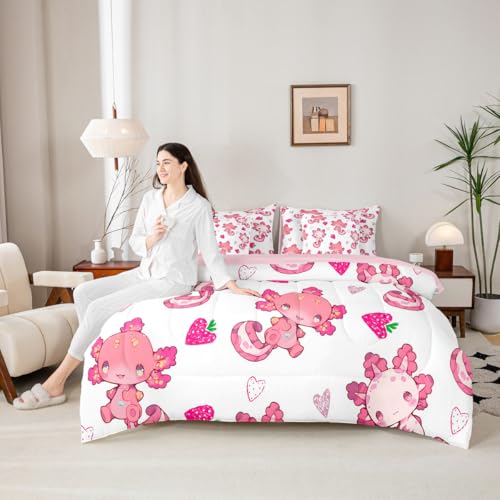 Image of Feelyou Kids Cute Axolotl 7 Pieces Bedding Set King Size, Strawberry Bed in A Bag Boys Girls Kawaii Ocean Sealife Comforter Set with Sheets Cartoon Fruit Teens Bed Set Bedroom Decor 7Pcs