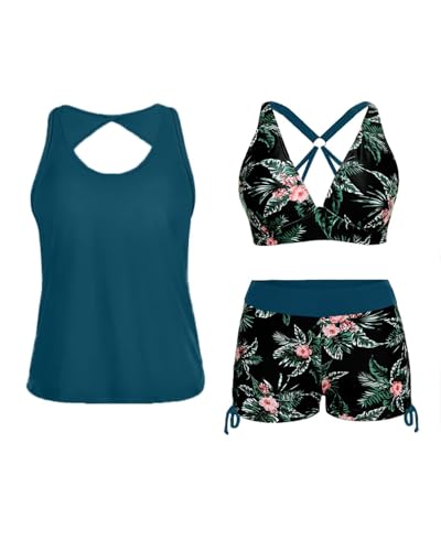 Yonique 3 Piece Tankini Swimsuits for Women Swim Tank Top Bathing Suits with Boy Shorts and Bra Athletic Swimwear Green and Flower L