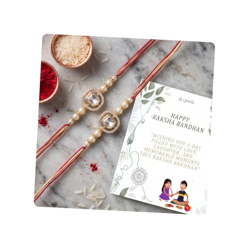 Image of I Jewels Designer Kundan Pearl Combo Rakhi Set of 2 with Roli Chawal & Rakshabandhan Card For Brother /Bro /Bhai /Men