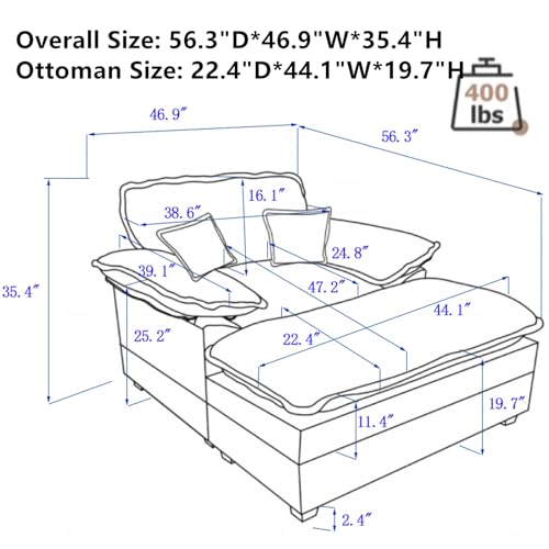 LITVZ 56.3" Oversized Chaise Lounge Chair with Ottoman Foot Rest, Armrest and 2 Pillows, Big Comfy Corduroy Chaise Lounge Deep Seat Sleeper Chair for Living Room (Black)