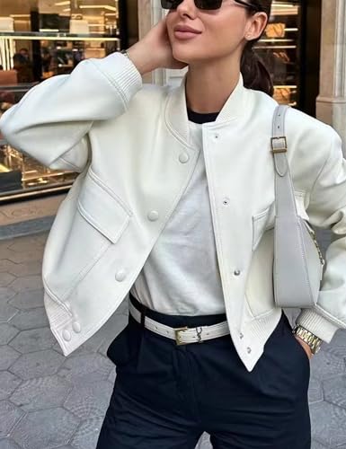 Womens Cropped Baseball Jackets Casual Button Down Bomber Varsity Jacket Coats Outerwear with Pockets4