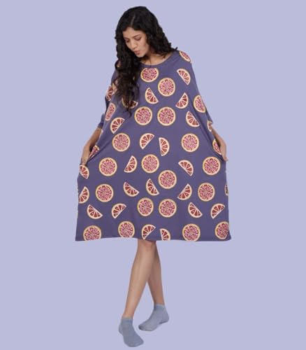 Image of LAMA STORE Women's Printed Oversized T-Shirt Dress, Cotton, 3 /4 Sleeve Length, Casual Loose Fit, Comfort Wear Extra Comfy Oversized Printed Pocket T-Shirt Dress