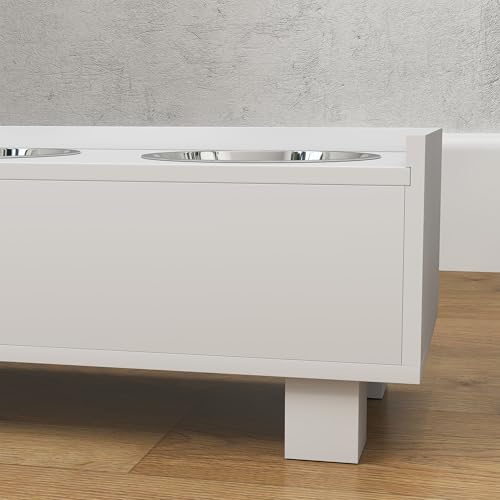 PawHut Hundenapf erhöht, Höhenverstellbar Futternapf für Hunde mit Stauraum, 2 x 1L Edelstahl-Schüsseln, Fressnapf mit Anti-Schling-Matte, für mittelgroße Hunde, Weiß