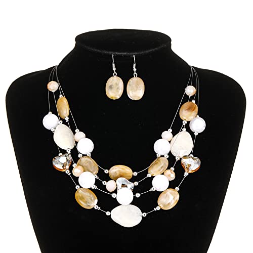 Layered Chunky Beaded Necklace For Women Colorful Multi-Layer Statement Necklace And Earrings Set Gift For Her(Camel White Colorful) #TOP3