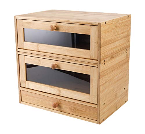 IZLIF Natural Bamboo Bread Box for Kitchen Food Storage 2 Removable Layer Large Capacity Bread Keeper with Utensil Flatware Tray Drawer