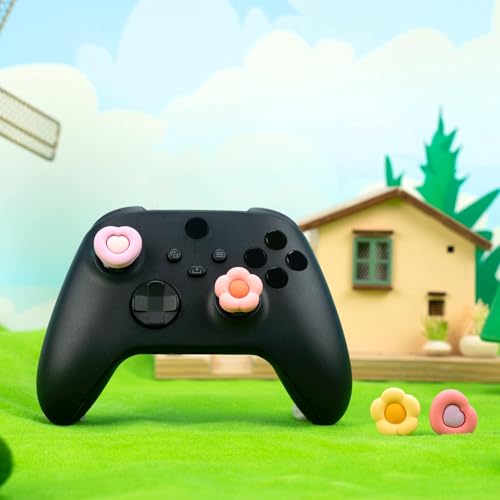 GeekShare Cute Xbox One Controller Thumb Grips, Soft Silicone Thumbsticks Cover Caps Set Compatible with Xbox One Controller, 2 Pair / 4 Pcs - Heart & Flower