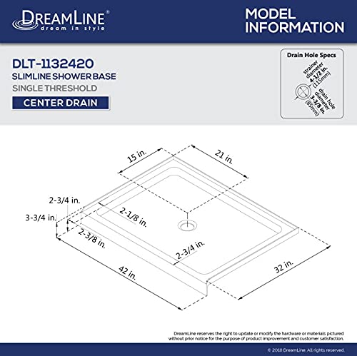 Image of DreamLine SlimLine 32 in. D x 42 in. W x 2 3 /4 in. H Center Drain Single Threshold Shower Base in White, DLT-1132420