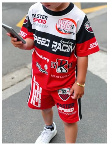 Image of BEAUDRM Boy's 2 Piece Outfits Graphic Crewneck Short Sleeve T shirt and Track Shorts Summer Clothing Sets