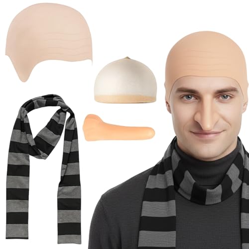 YceLon 4 Stück Karneval kostüm Herren Perücken-Set für Erwachsene Glatze Perücke Glatzenkappe mit Nase und Schal Herren Karneval Fasching Mottoparty Cosplay