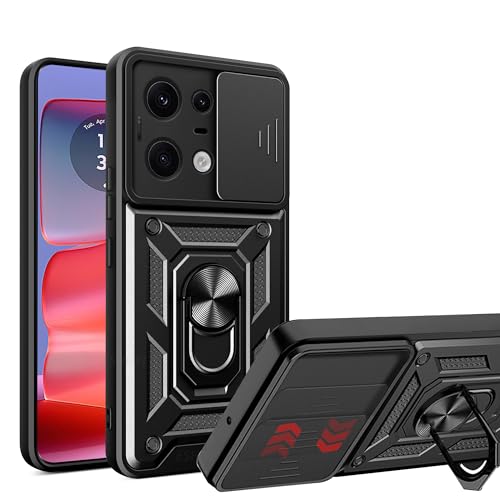 ESTH® Case for Motorola Edge 50 Pro with Slide Camera Cover, Military Grade Shockproof Protective Cover with Rotatable Metal Ring Kickstand [Support Magnetic Car Mount], Black