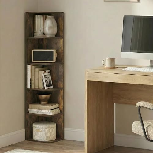 Image of Furinno PASIR Book Shelf, 5-Tier Corner Bookshelf with Open Shelf, Standing Bookcase, 9.3 x 12 x 51.7, for Organization and Storage, for Living Room, Bedroom, Home Office, Amber Pine