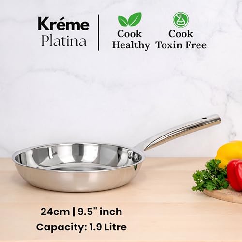 Image of Kreme Platina Triply Stainless Steel Frying Pan - 1.85 L, 24 cm | 2.5 mm Thick Tri ply Cookware | Heavy-Bottom Frypan for Healthy, Low-Oil Cooking | Induction and Gas Compatible | Scratch Resistant
