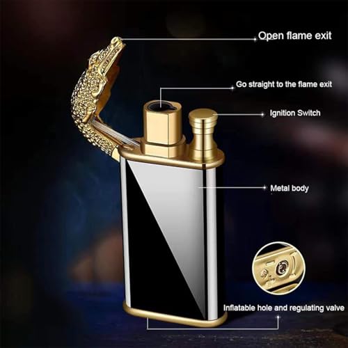 Image of Magic Double Flame Lighter, Unique Creative Metal Torch Windproof, Cool Fancy Double Jet Flame Lighters for Camping BBQ, Kitchen, Refillable Butane Lighter (Black, Lion Sytle B)