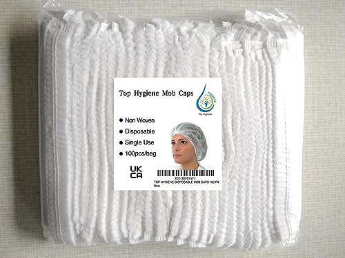 Image of TOP HYGIENE WHITE DISPOSABLE MOB CAPS 100/PK, Catering Hair net Covers, Hygiene Hair Caps with Elastic Stretch Band.