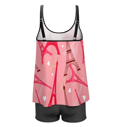 Ensemble bikini avec short de garçon tankini rouge à motif Tour Eiffel - 5