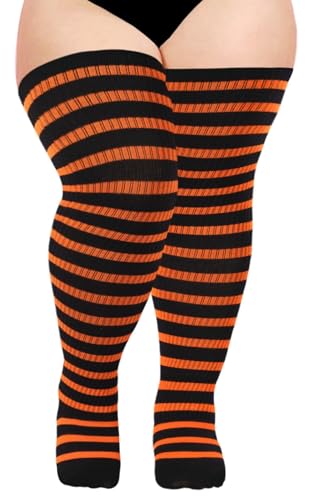 Image of Moon Wood Plus Size Thigh High Socks for Women Knit Cotton Extra Long Striped Over the Knee High Socks Leg Warmers