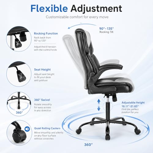 Image of Ergonomic PU Leather Office Chair - Executive Computer Desk Chair with Lumbar Support & Wide Seat, Adjustable Height Task Chair with 360 Swivel & Quiet Wheels for Home Office, Gaming, Black