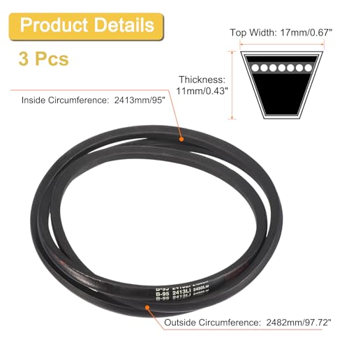 Image of uxcell 3 Pack B95 Classic V-Belt, 98 inch Outside Circumference, Black, Industrial Rubber V-Belt