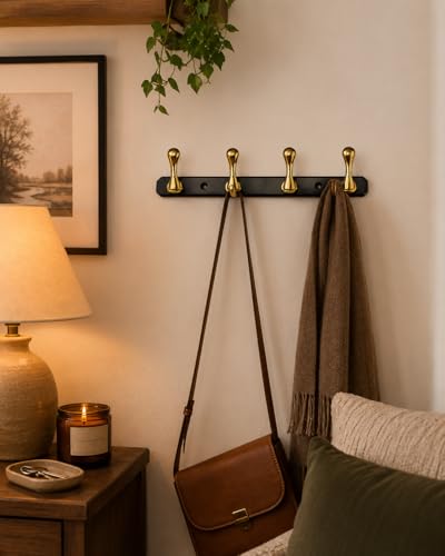 Image of ELUVIA Zinc Alloy 4 Pin Wall Hooks for Hanging Cloth and Towel Hangers for Wall Hook,Hook Rail Home Bathroom Kitchen & Bedroom (Pack of 1, Gold Black, 4 Hook)