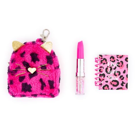 VOTUM Portachiavi con charm leopardato rosa per zaini, borse, borsette, chiavi dell'auto con set di cancelleria - Include mini quaderno, penna gel, gomma, adesivi - Regalo divertente per ragazzi e