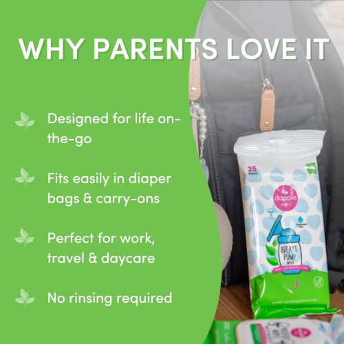 Image of Breast Pump Wipes by Dapple Baby, Hypoallergenic & Powered by Plants, Removes Milk Residue, Leaves No Taste, Convenient Wipes Pouch, Fragrance Free, 25 Count (Pack of 1)