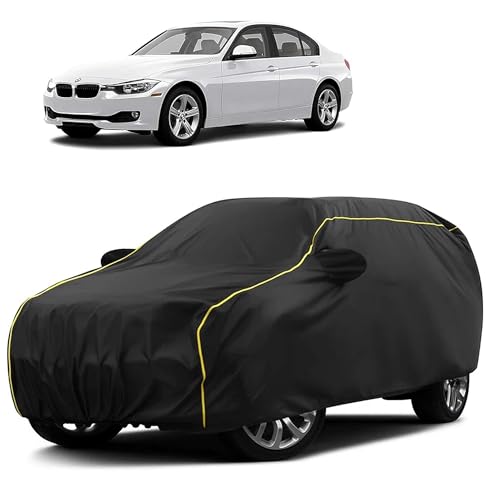Image of Sulfar 100% Water Resistant Car Body Cover Compatible with Mirror for BMW 328i (Triple Stitched, Full Bottom Elastic, Black Taffeta with Yellow Piping)