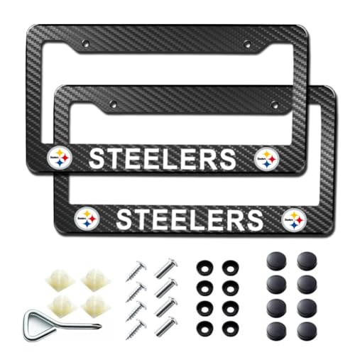 2Pack Carbon Fiber License Plate Frames for Steelers Black Aluminum Front & Rear Car Tag Holder Cover Heavy Duty License Plate Bracket Car Accessories