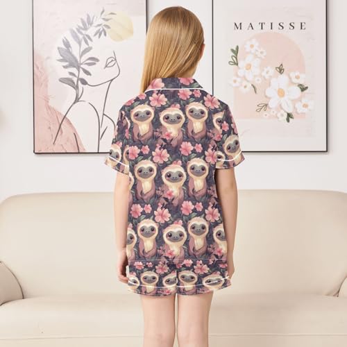 ALAZA Cute Monkey Blossom Flower Satin Pajamas Set Short Sleeve Button Down Sleepwear Summer Pjs 2 Piece4